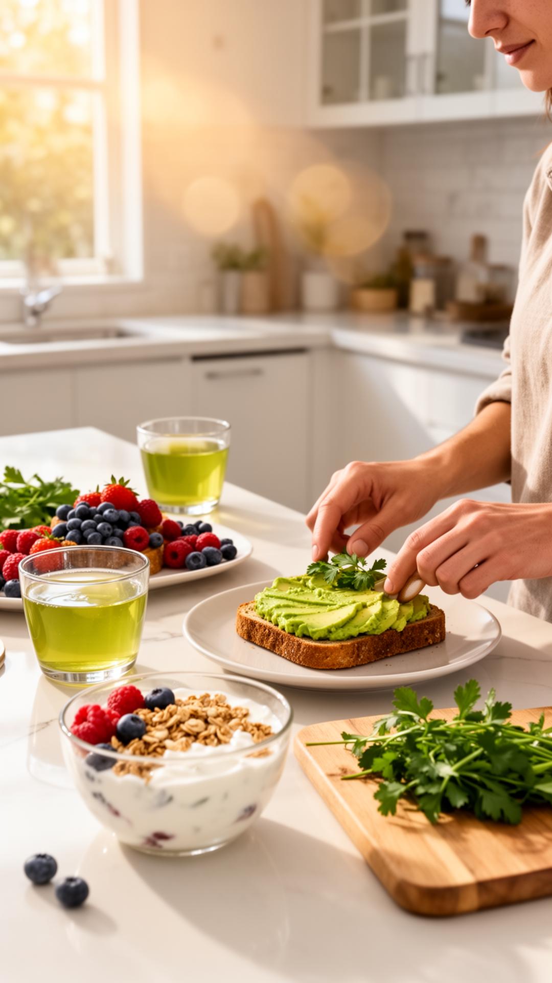 Warm morning kitchen scene with fresh fruit and natural light
