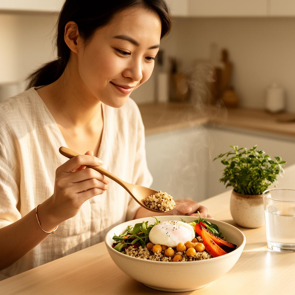 Young woman mindfully enjoying a colorful healthy bowl in a sunlit modern kitchen