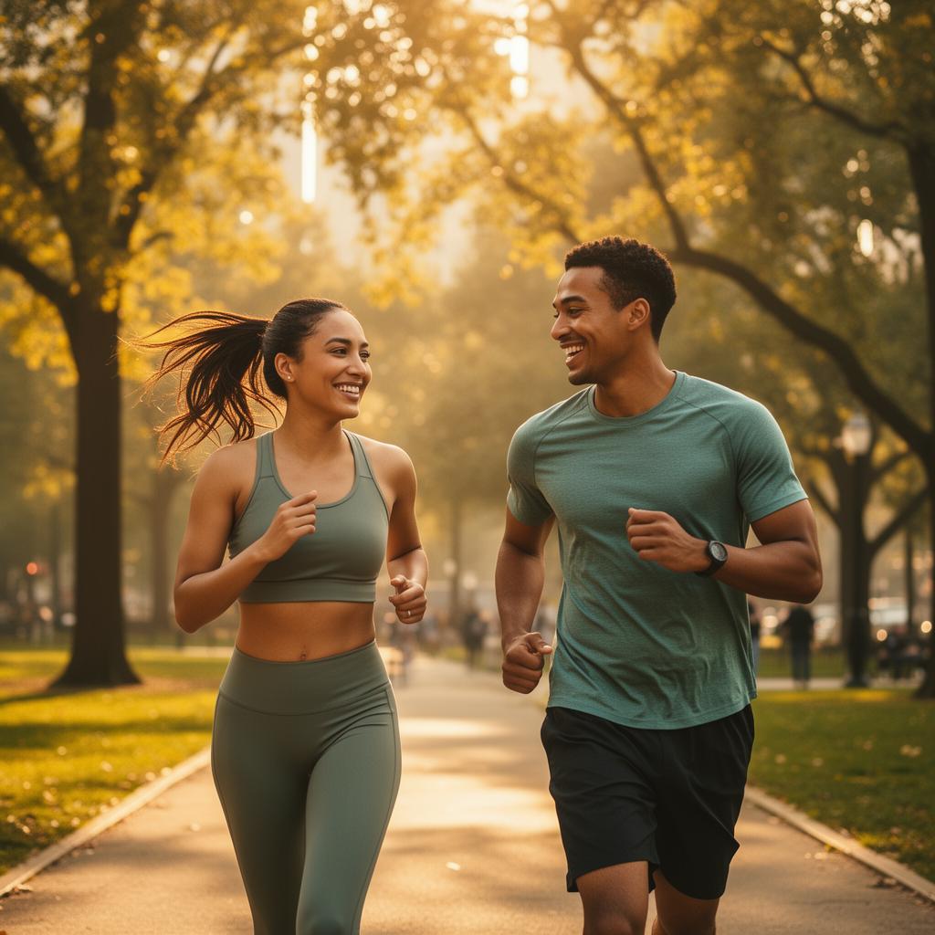 Two people running together in a park at golden hour